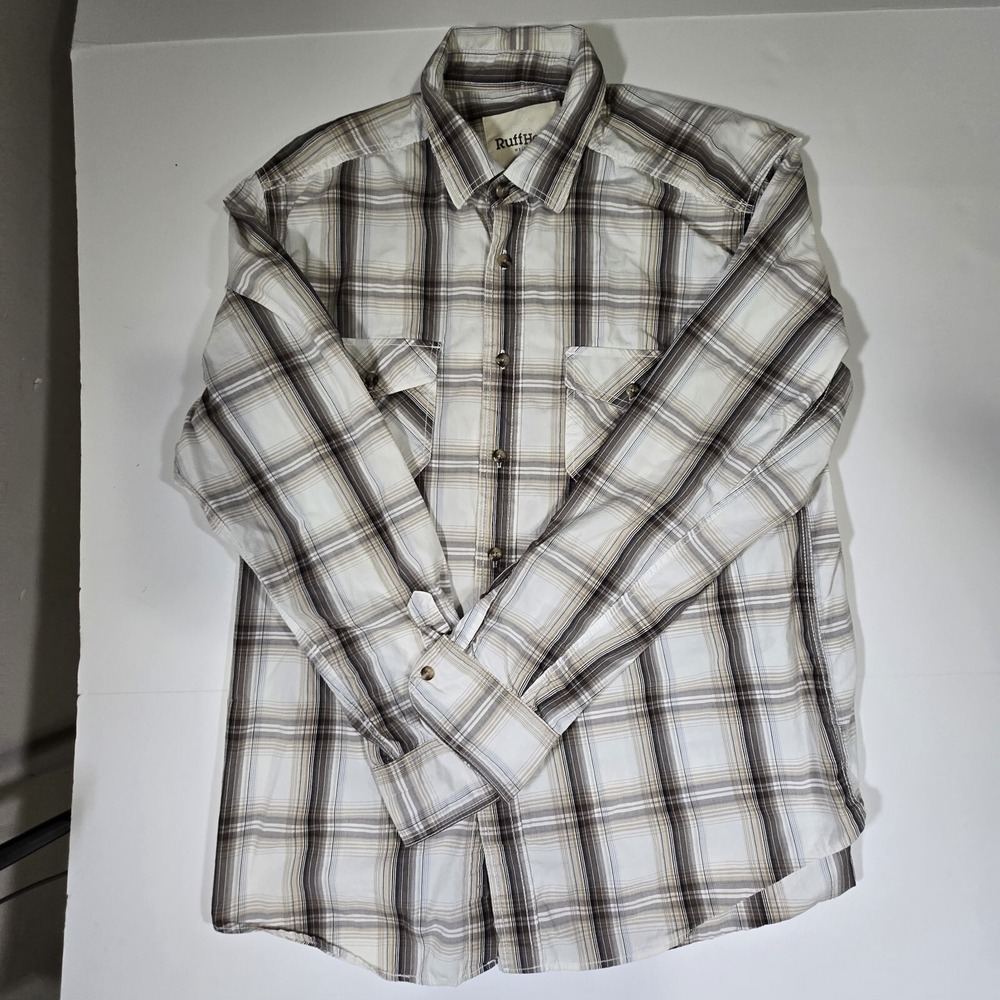 Ruff Hewn Shirt Mens Large White Pleated Plaid 100% Cotton Long Sleeve Button Up